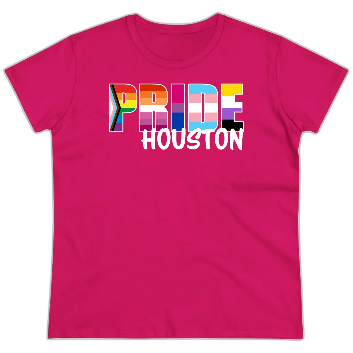 Pride Houston design with bold rainbow-filled letters and progress pride chevron stripes in Heliconia