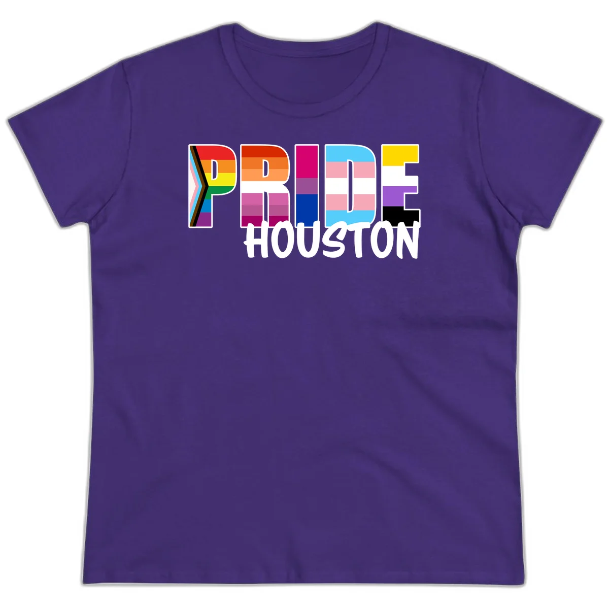 Pride Houston design with bold rainbow-filled letters and progress pride chevron stripes in Purple