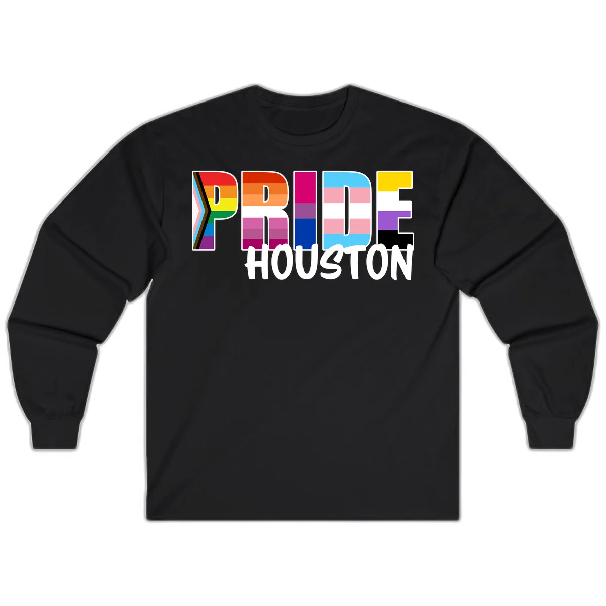 Pride Houston design with bold rainbow-filled letters and progress pride chevron stripes in Black
