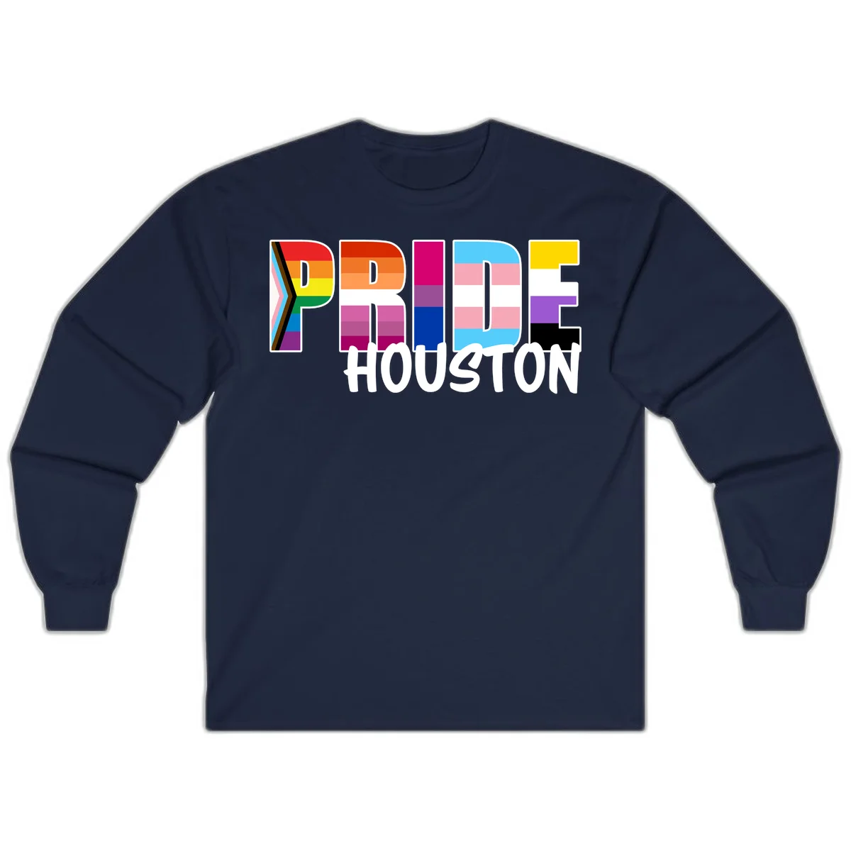Pride Houston design with bold rainbow-filled letters and progress pride chevron stripes in Navy