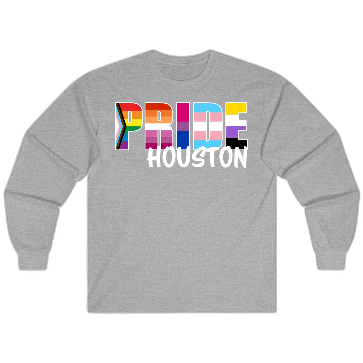 Pride Houston design with bold rainbow-filled letters and progress pride chevron stripes in Sport Grey