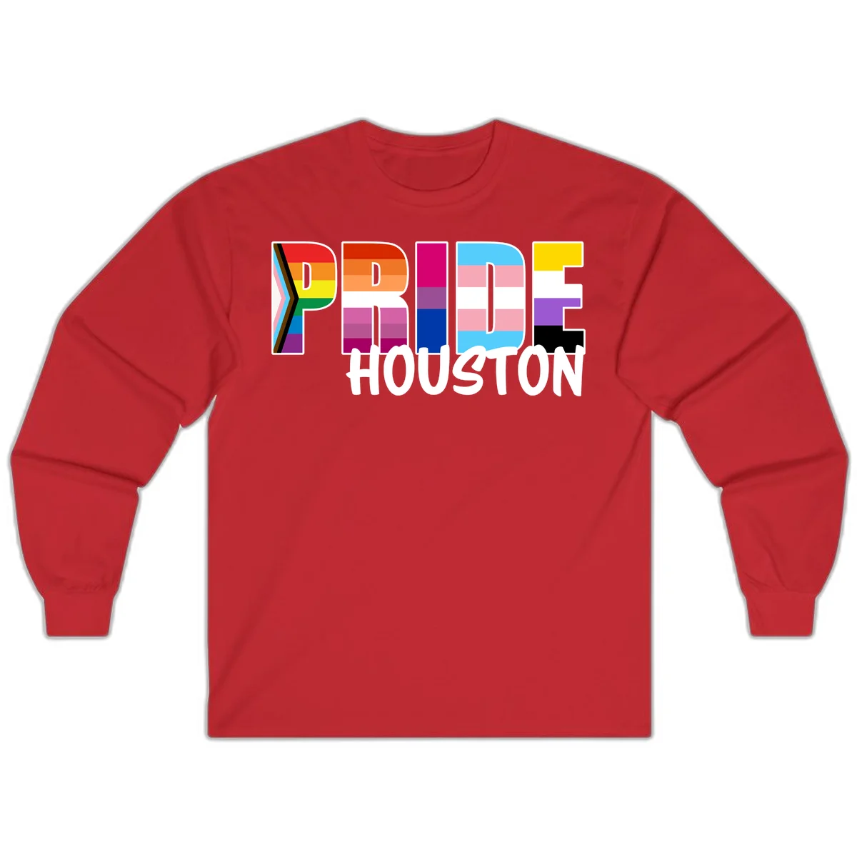 Pride Houston design with bold rainbow-filled letters and progress pride chevron stripes in Red
