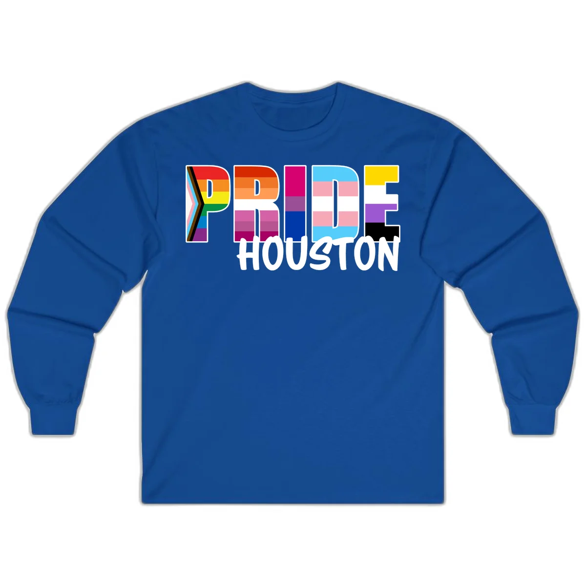Pride Houston design with bold rainbow-filled letters and progress pride chevron stripes in Royal