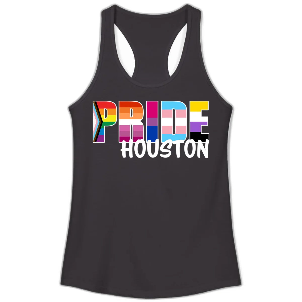 Pride Houston design with bold rainbow-filled letters and progress pride chevron stripes in Black