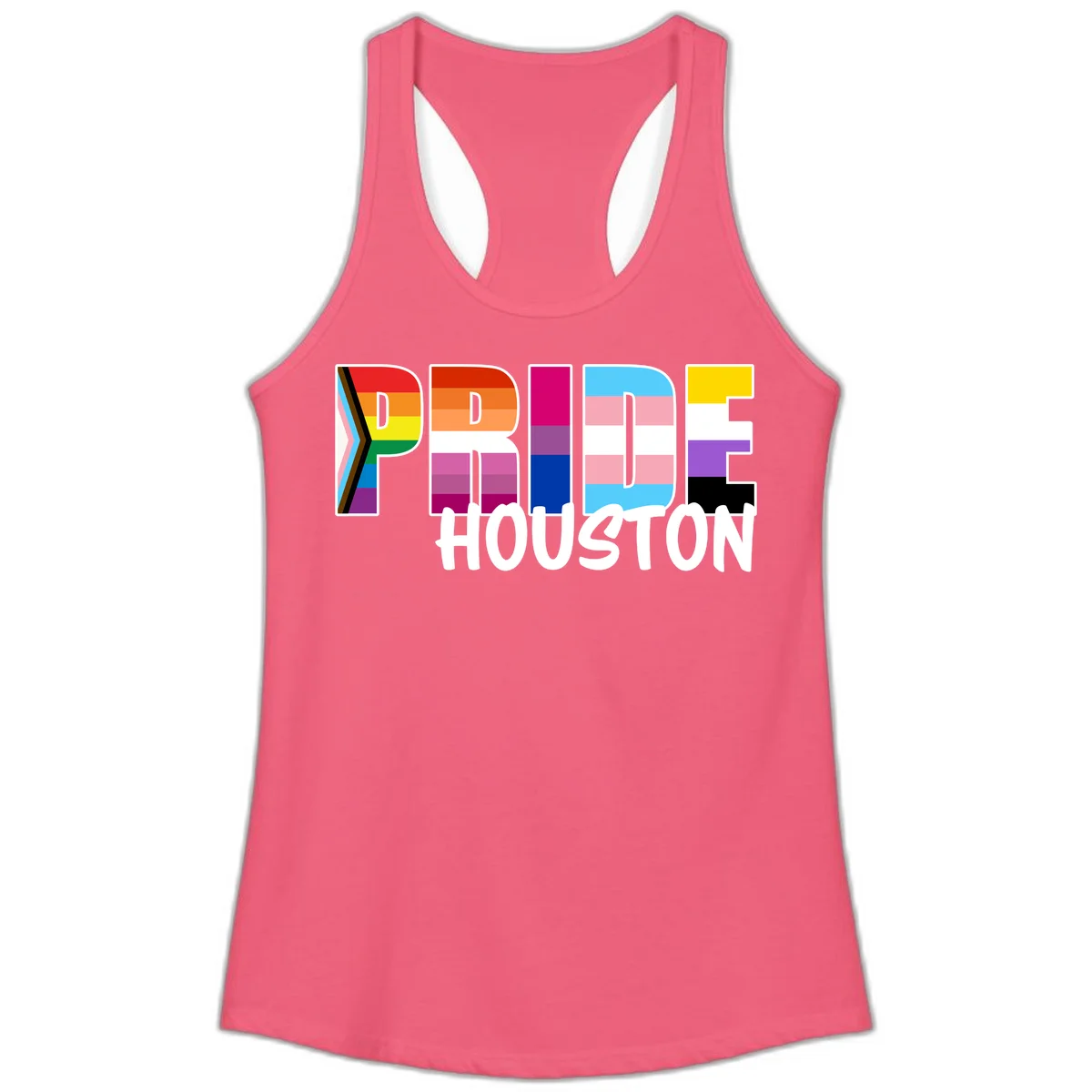 Pride Houston design with bold rainbow-filled letters and progress pride chevron stripes in Hot Pink