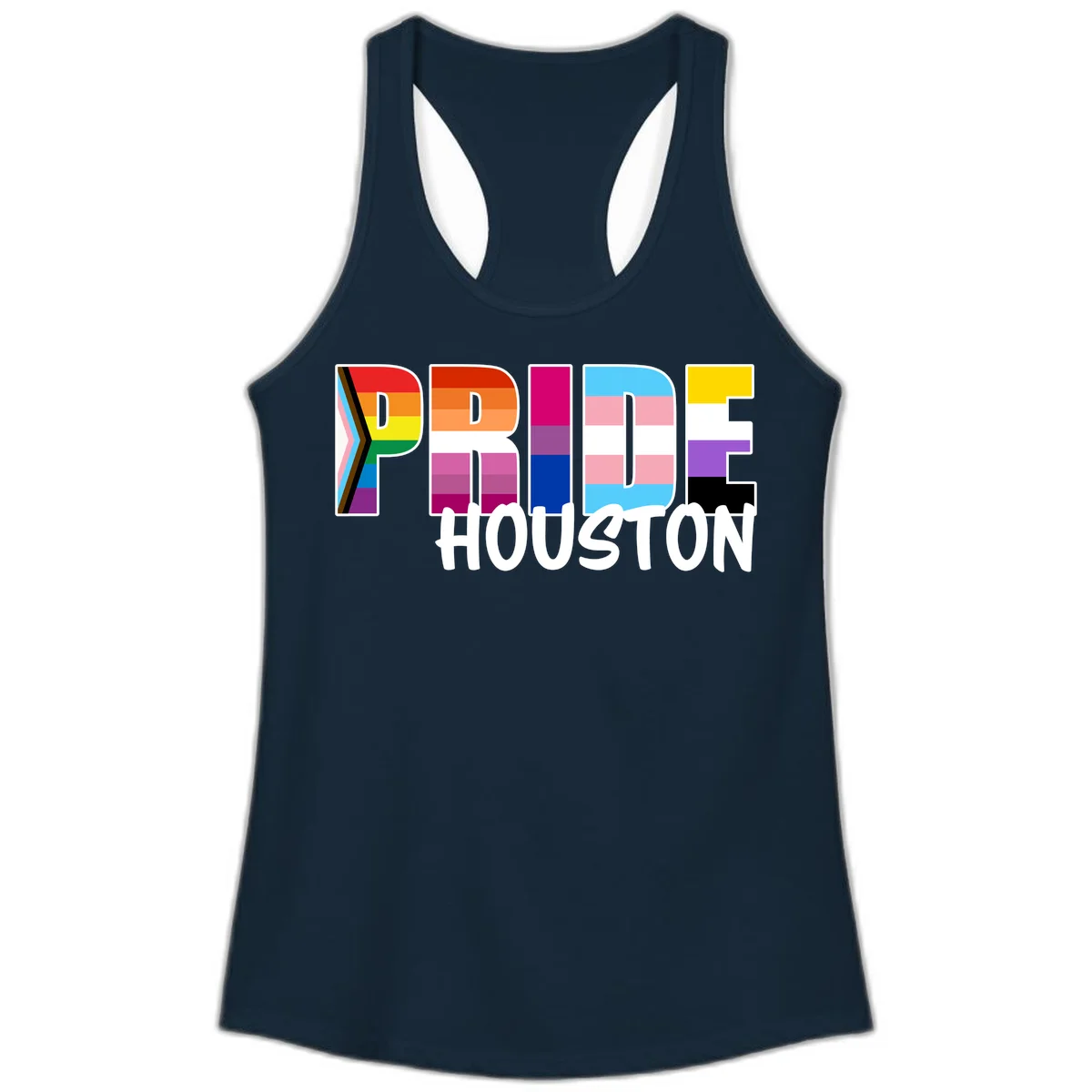 Pride Houston design with bold rainbow-filled letters and progress pride chevron stripes in Solid Midnight Navy