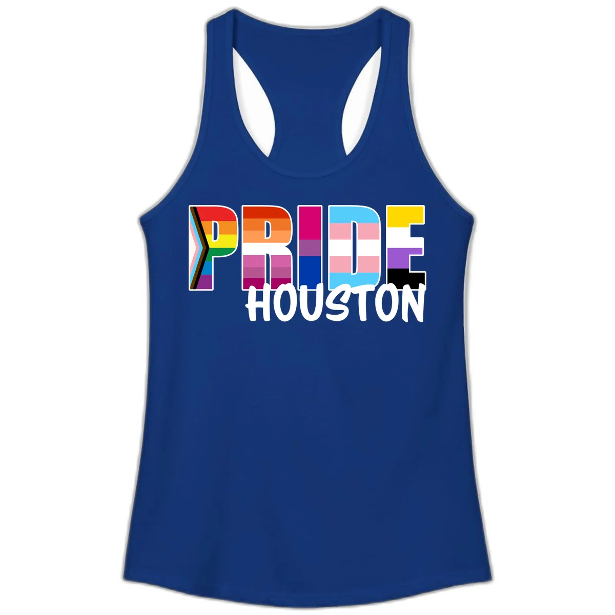 Pride Houston design with bold rainbow-filled letters and progress pride chevron stripes in Solid Royal