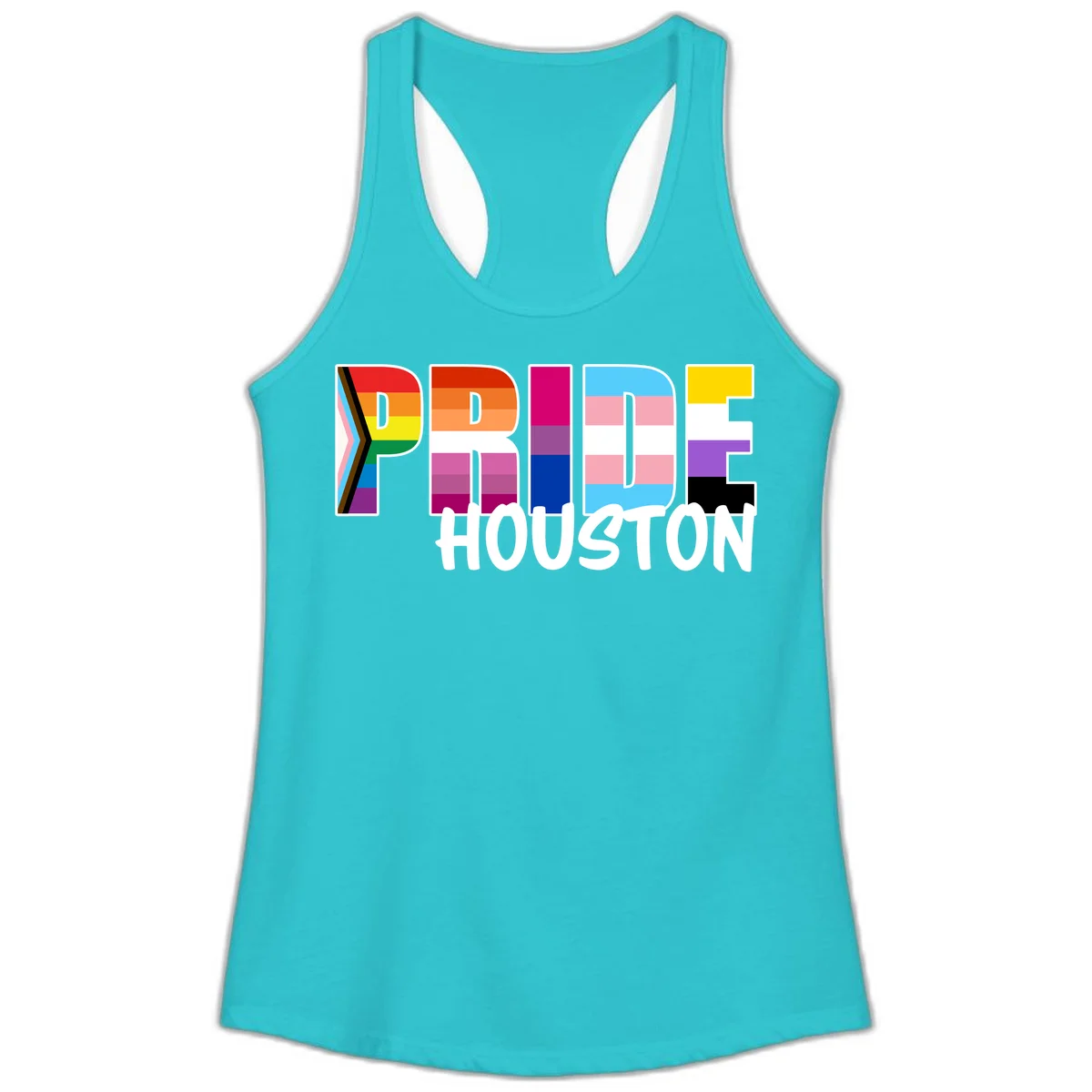 Pride Houston design with bold rainbow-filled letters and progress pride chevron stripes in Solid Tahiti Blue