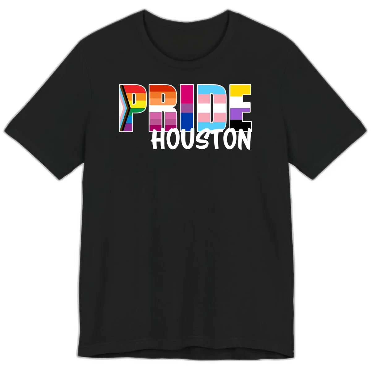 Pride Houston design with bold rainbow-filled letters and progress pride chevron stripes in Black
