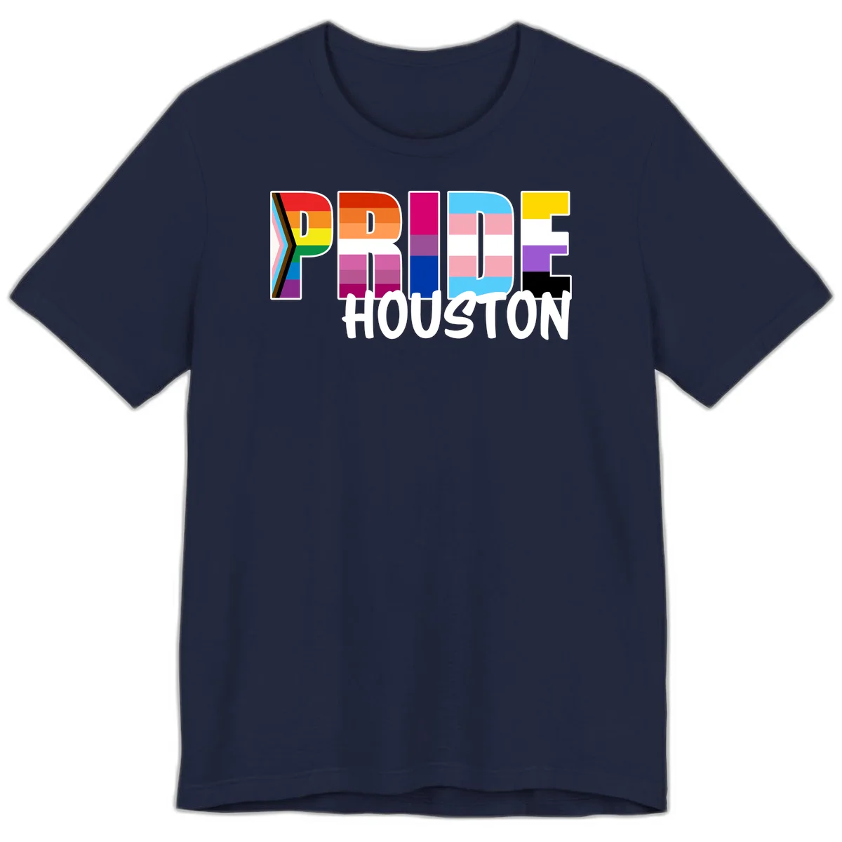 Pride Houston design with bold rainbow-filled letters and progress pride chevron stripes in Navy