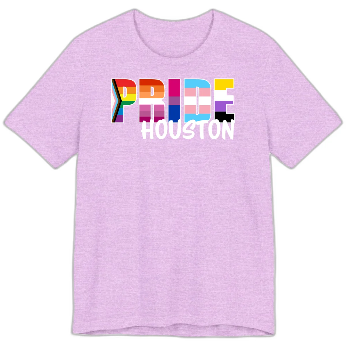 Pride Houston design with bold rainbow-filled letters and progress pride chevron stripes in Heather Prism Lilac