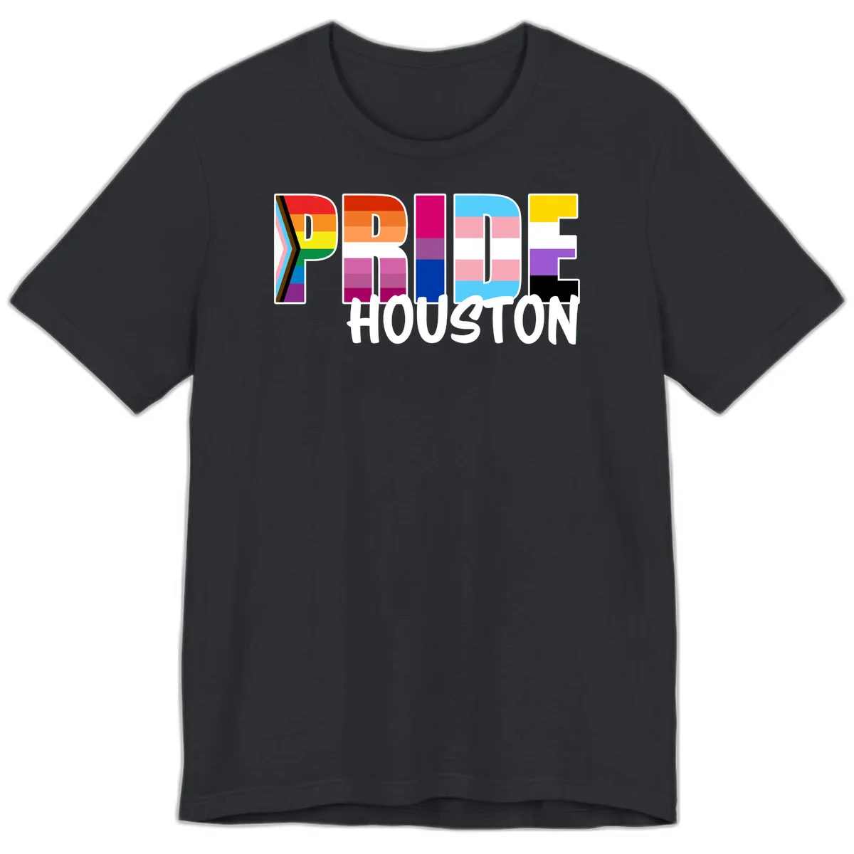 Pride Houston design with bold rainbow-filled letters and progress pride chevron stripes in Vintage Black