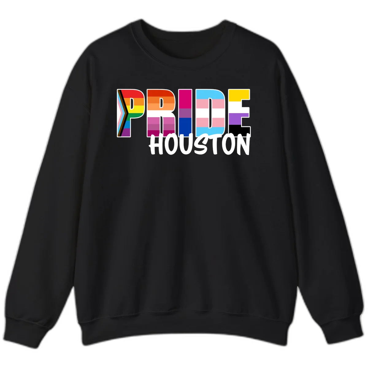 Pride Houston design with bold rainbow-filled letters and progress pride chevron stripes in Black