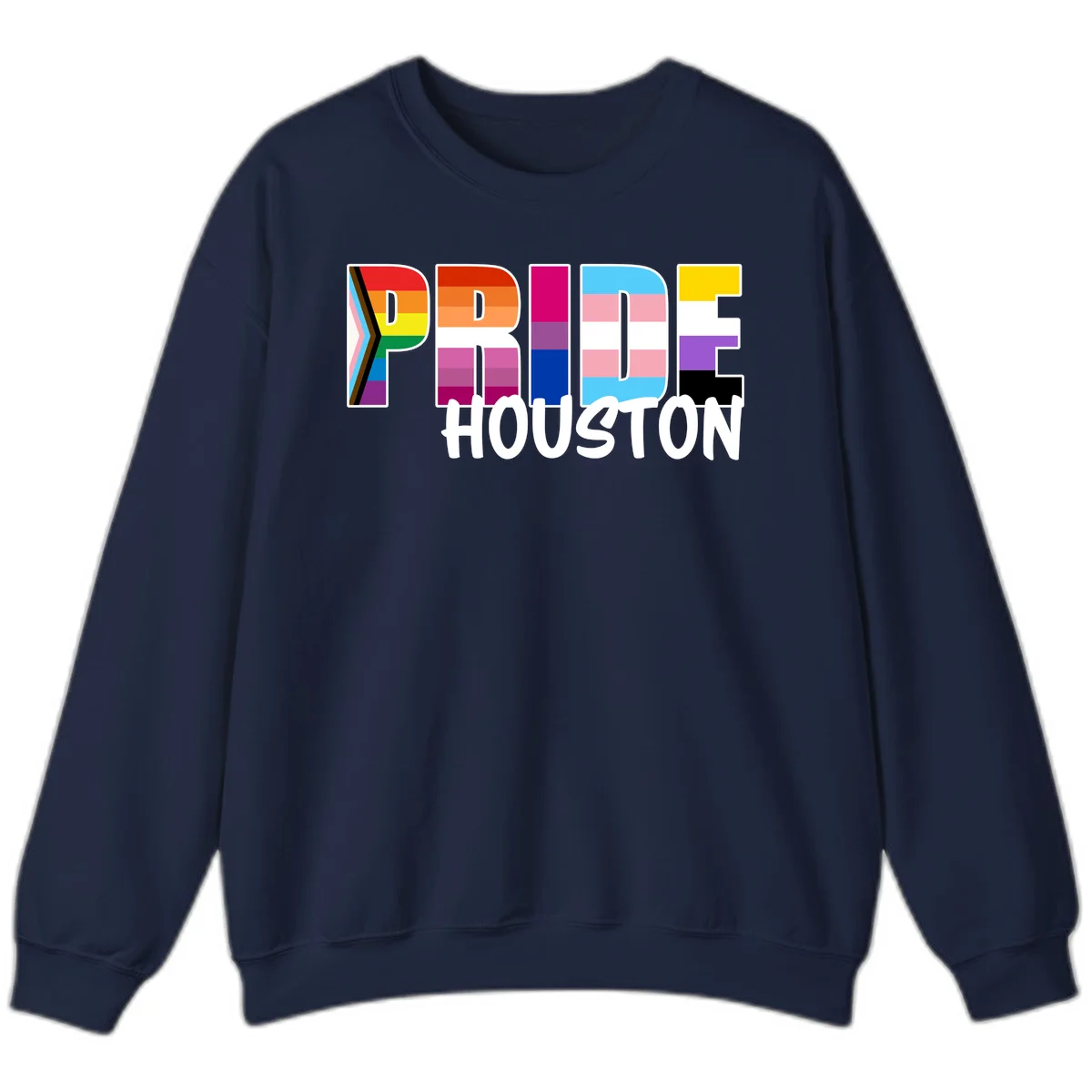 Pride Houston design with bold rainbow-filled letters and progress pride chevron stripes in Navy