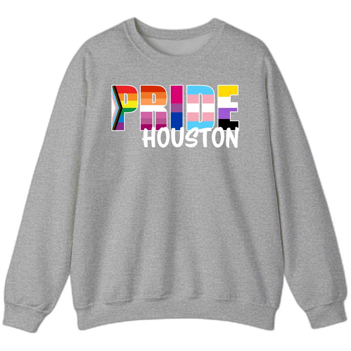Pride Houston design with bold rainbow-filled letters and progress pride chevron stripes in Sport Grey