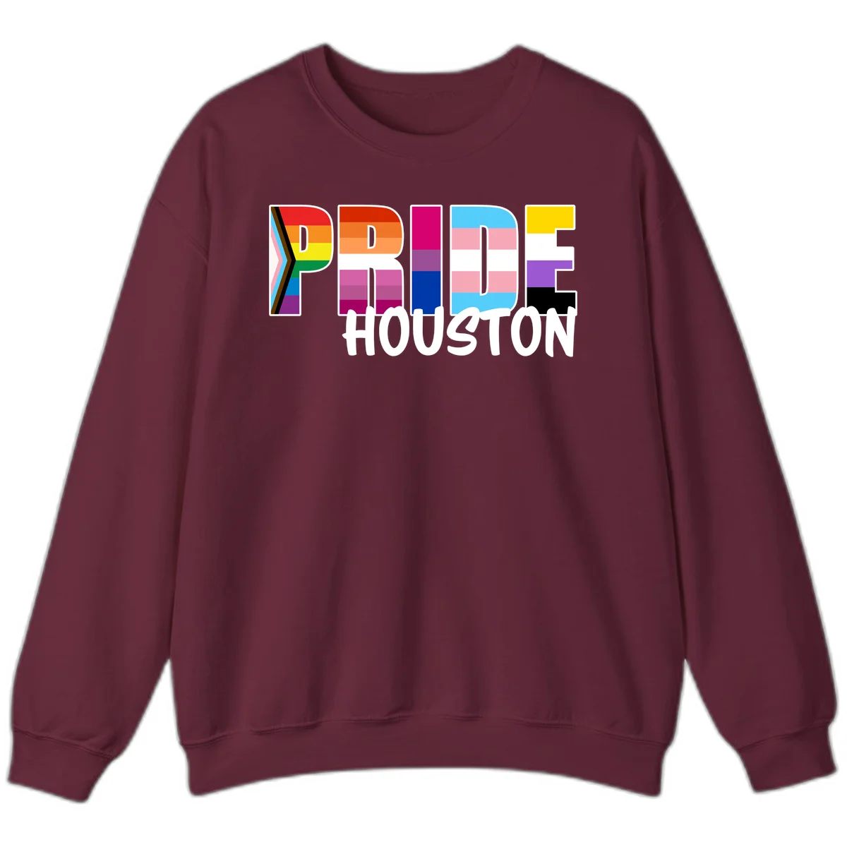 Pride Houston design with bold rainbow-filled letters and progress pride chevron stripes in Maroon