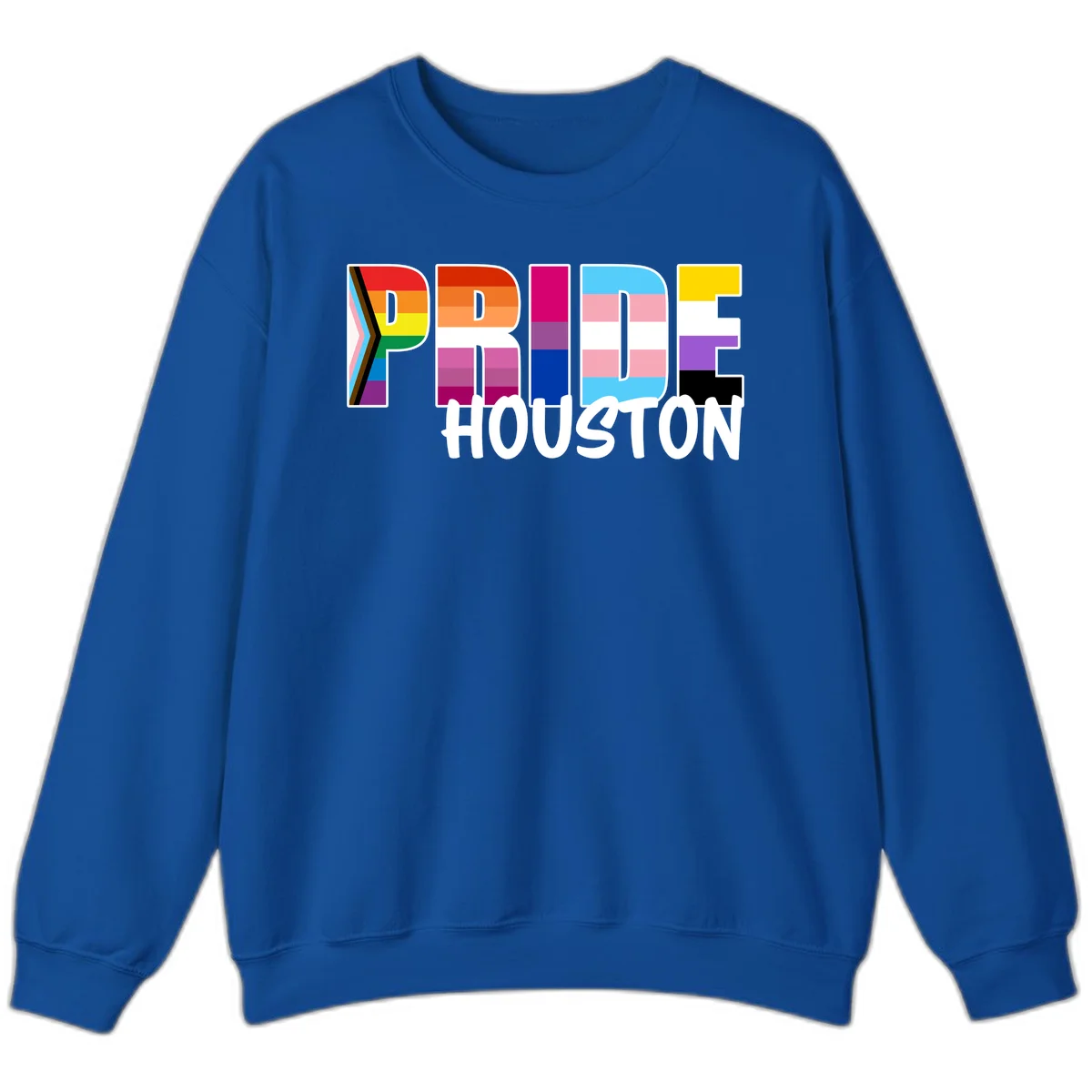 Pride Houston design with bold rainbow-filled letters and progress pride chevron stripes in Royal