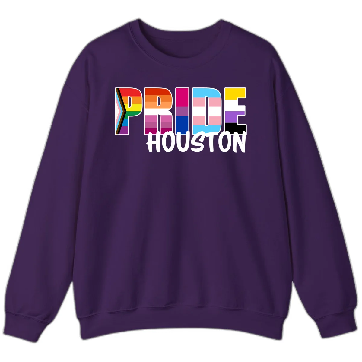 Pride Houston design with bold rainbow-filled letters and progress pride chevron stripes in Purple