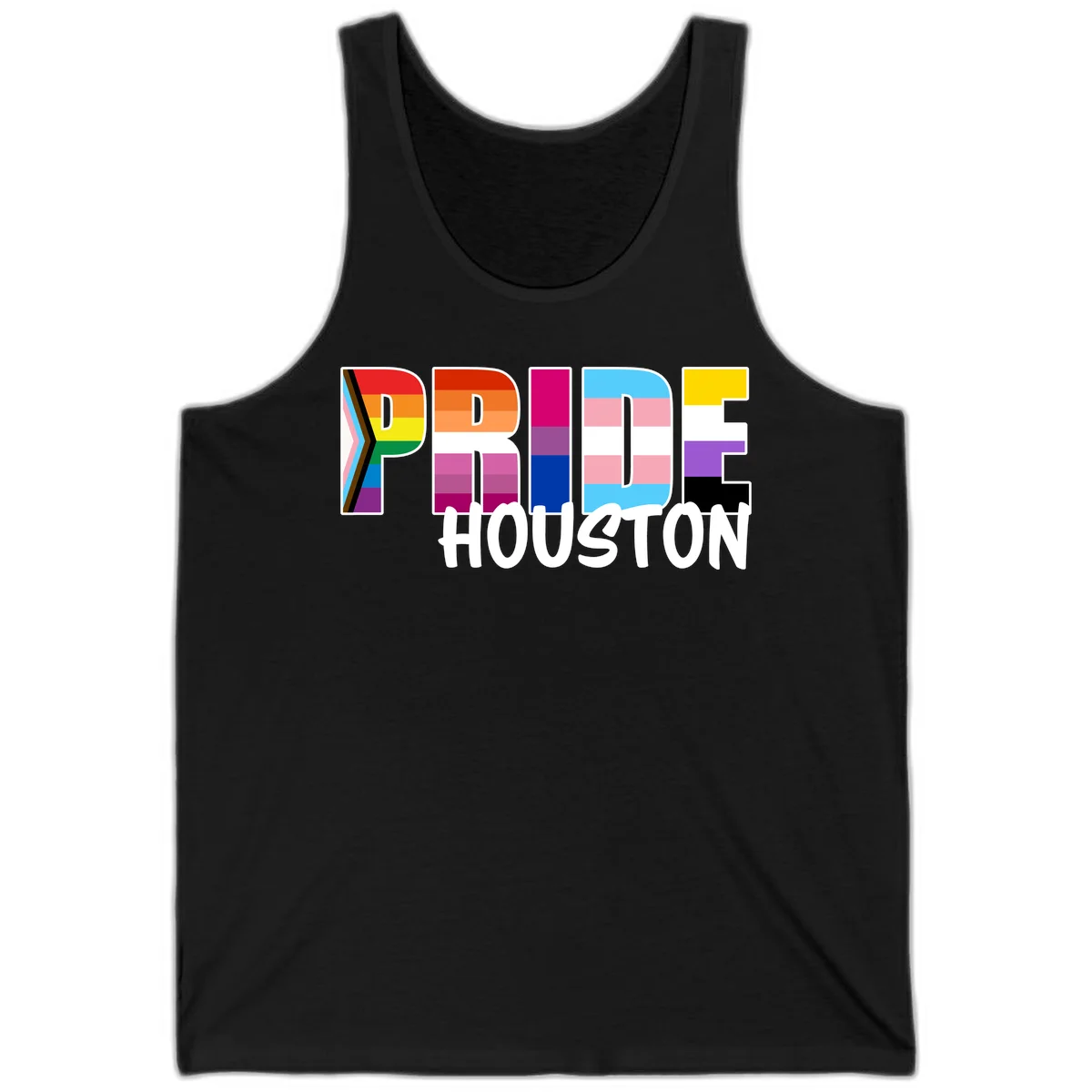 Pride Houston design with bold rainbow-filled letters and progress pride chevron stripes in Black