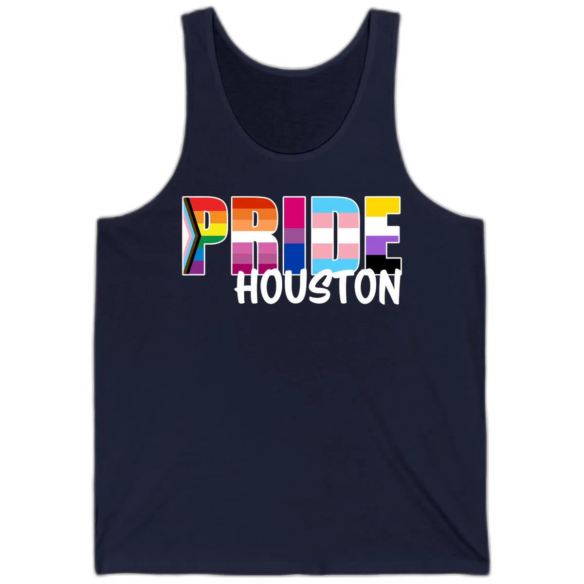 Pride Houston design with bold rainbow-filled letters and progress pride chevron stripes in Navy