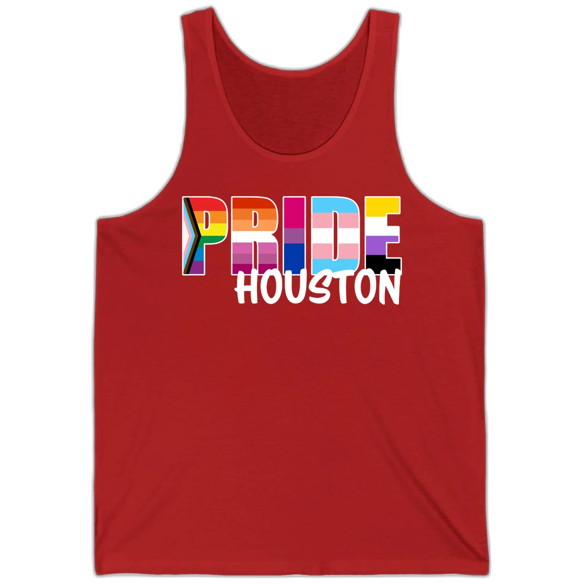 Pride Houston design with bold rainbow-filled letters and progress pride chevron stripes in Red