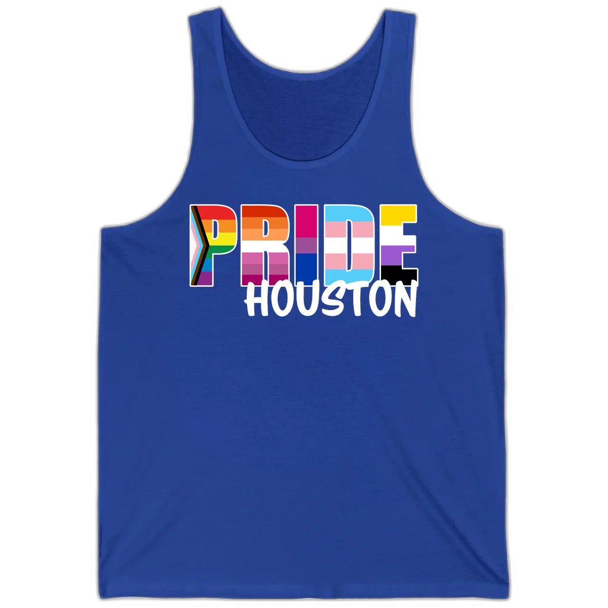 Pride Houston design with bold rainbow-filled letters and progress pride chevron stripes in True Royal