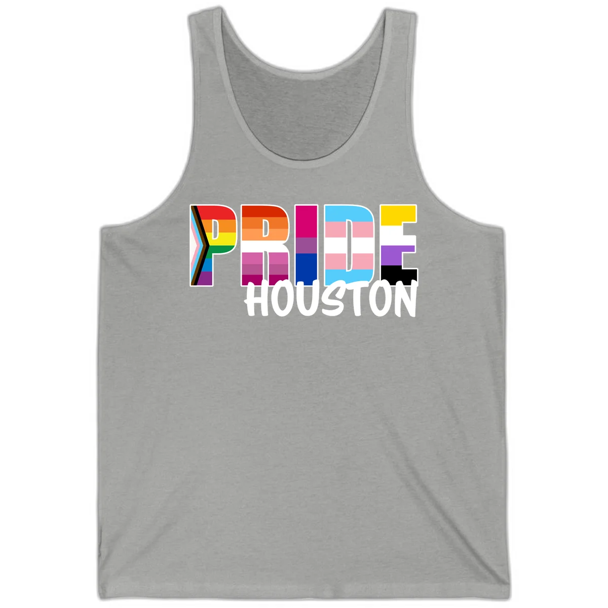 Pride Houston design with bold rainbow-filled letters and progress pride chevron stripes in Athletic Heather