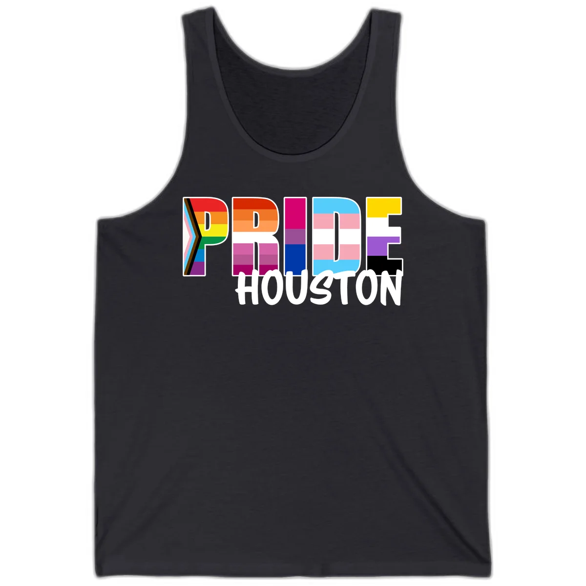 Pride Houston design with bold rainbow-filled letters and progress pride chevron stripes in Dark Grey