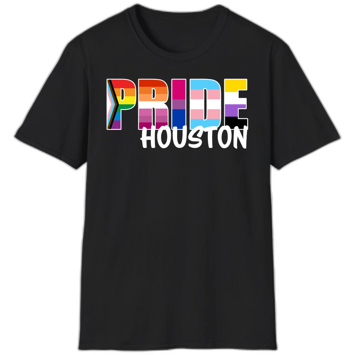 Pride Houston design with bold rainbow-filled letters and progress pride chevron stripes in Black