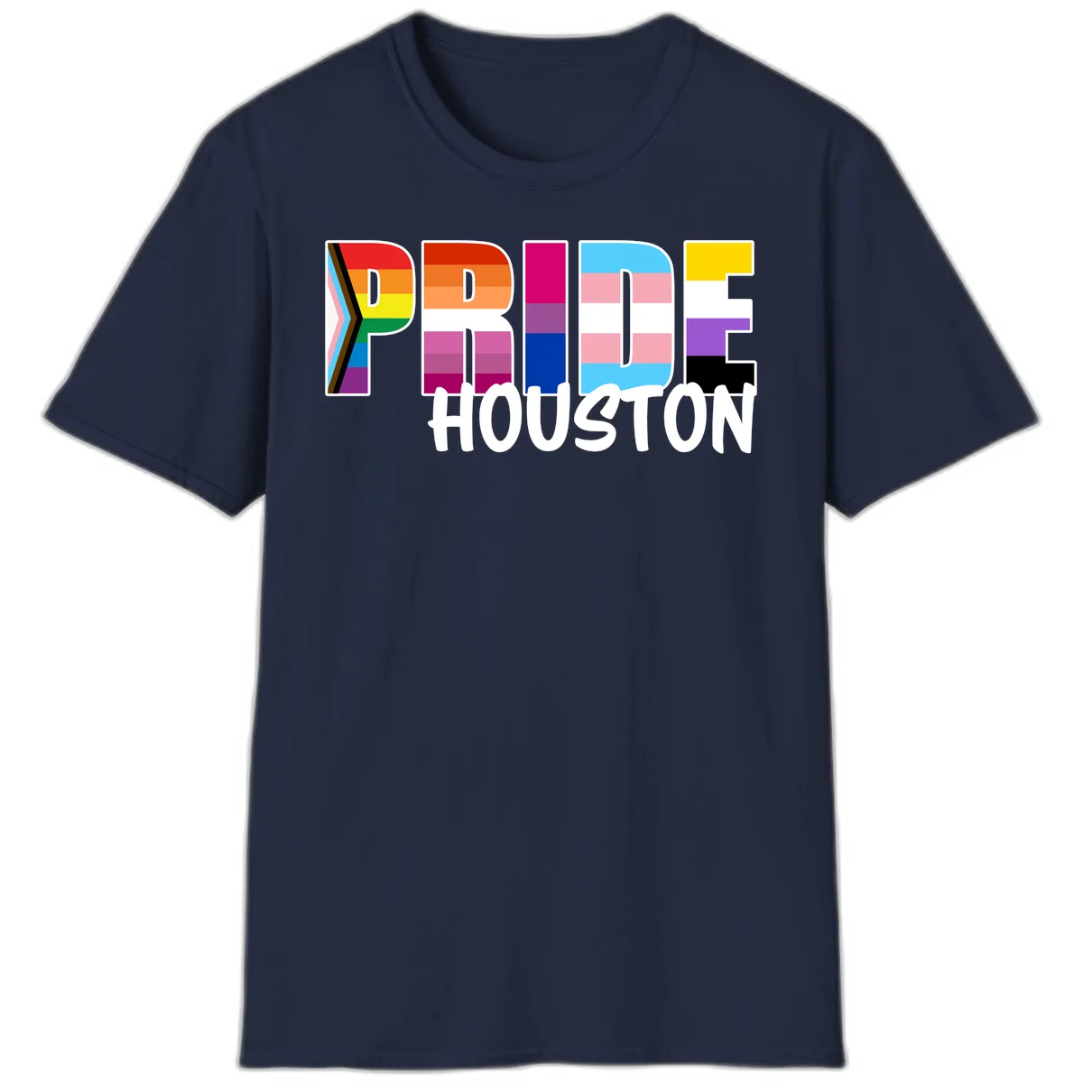 Pride Houston design with bold rainbow-filled letters and progress pride chevron stripes in Navy