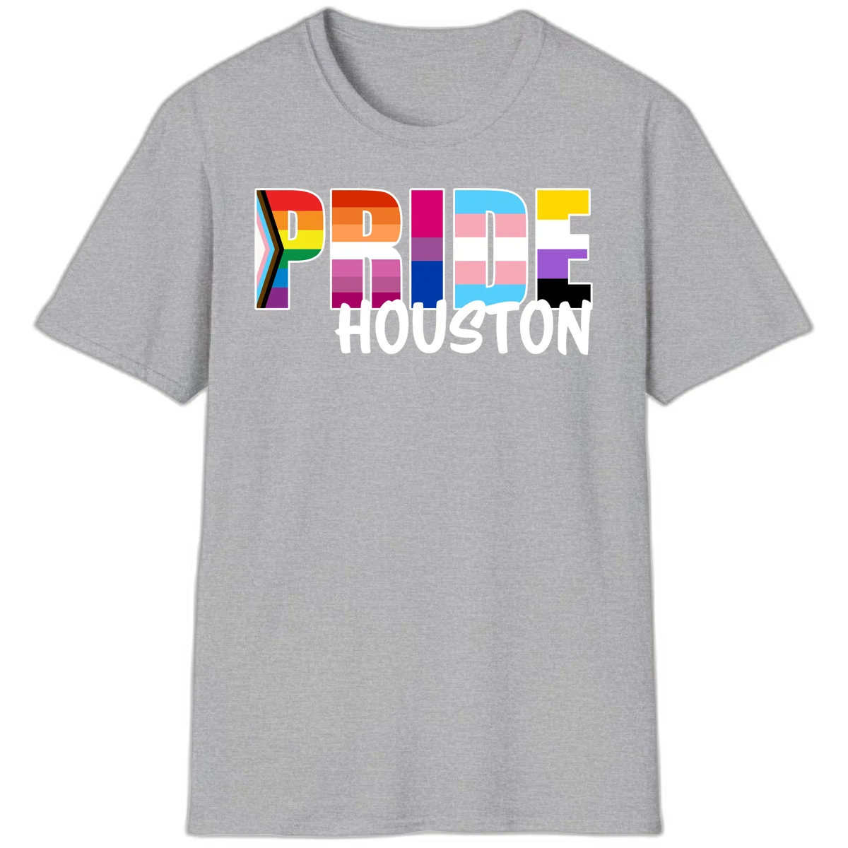 Pride Houston design with bold rainbow-filled letters and progress pride chevron stripes in Sport Grey