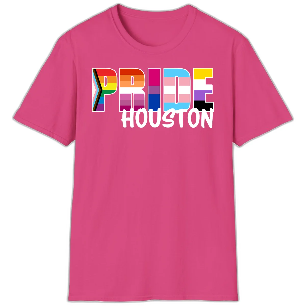 Pride Houston design with bold rainbow-filled letters and progress pride chevron stripes in Heliconia