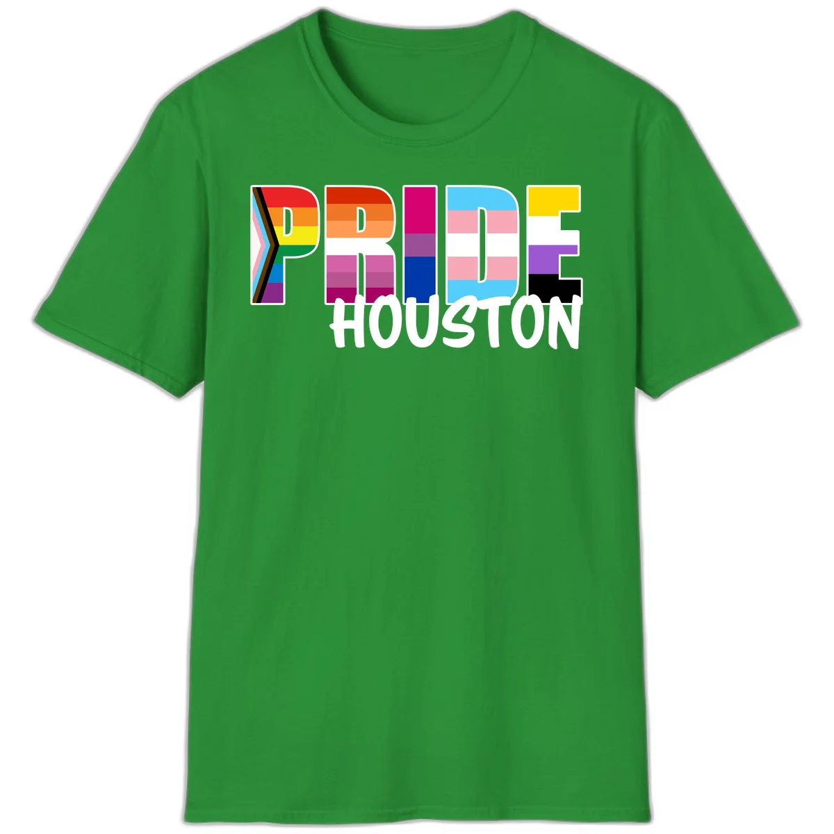 Pride Houston design with bold rainbow-filled letters and progress pride chevron stripes in Irish Green