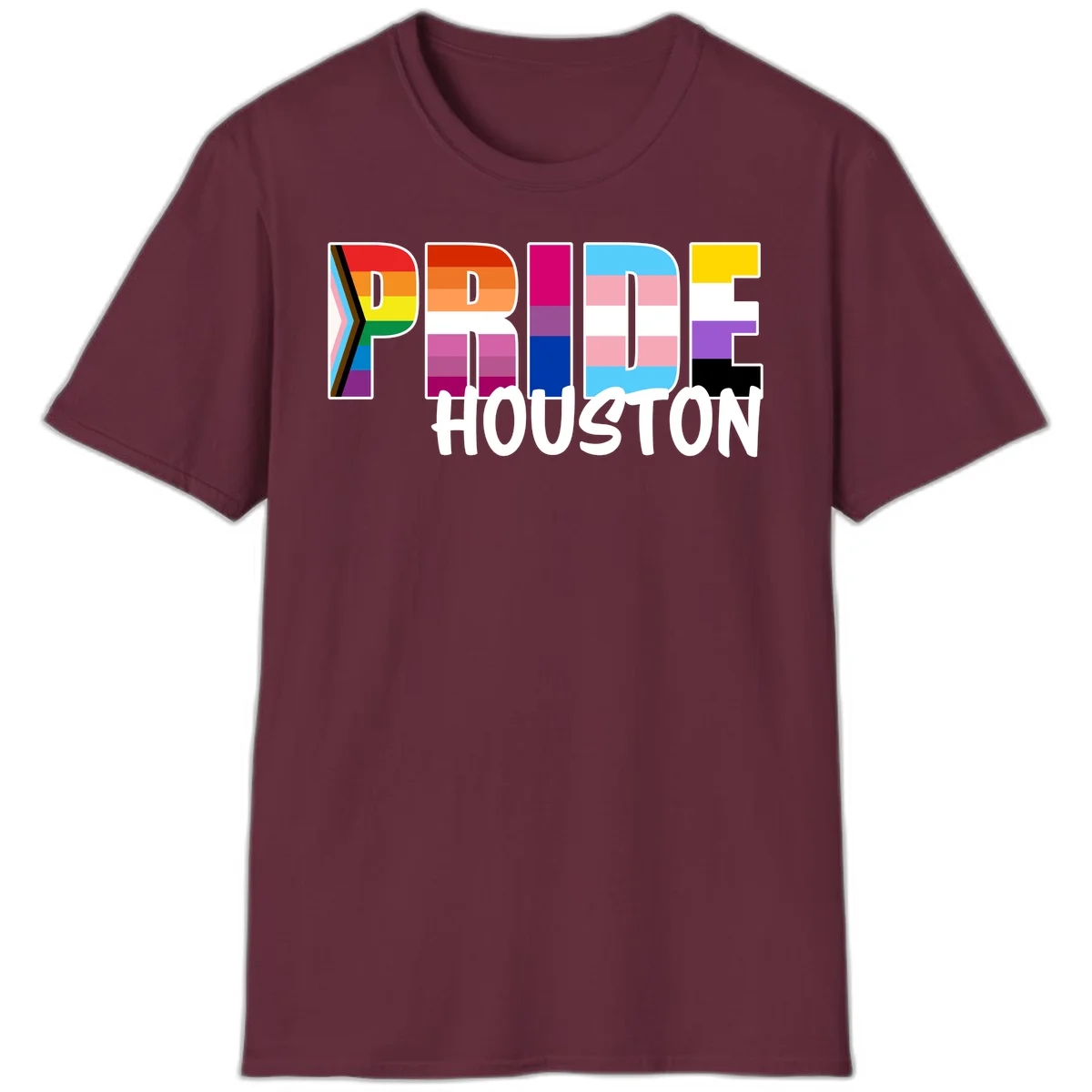 Pride Houston design with bold rainbow-filled letters and progress pride chevron stripes in Maroon