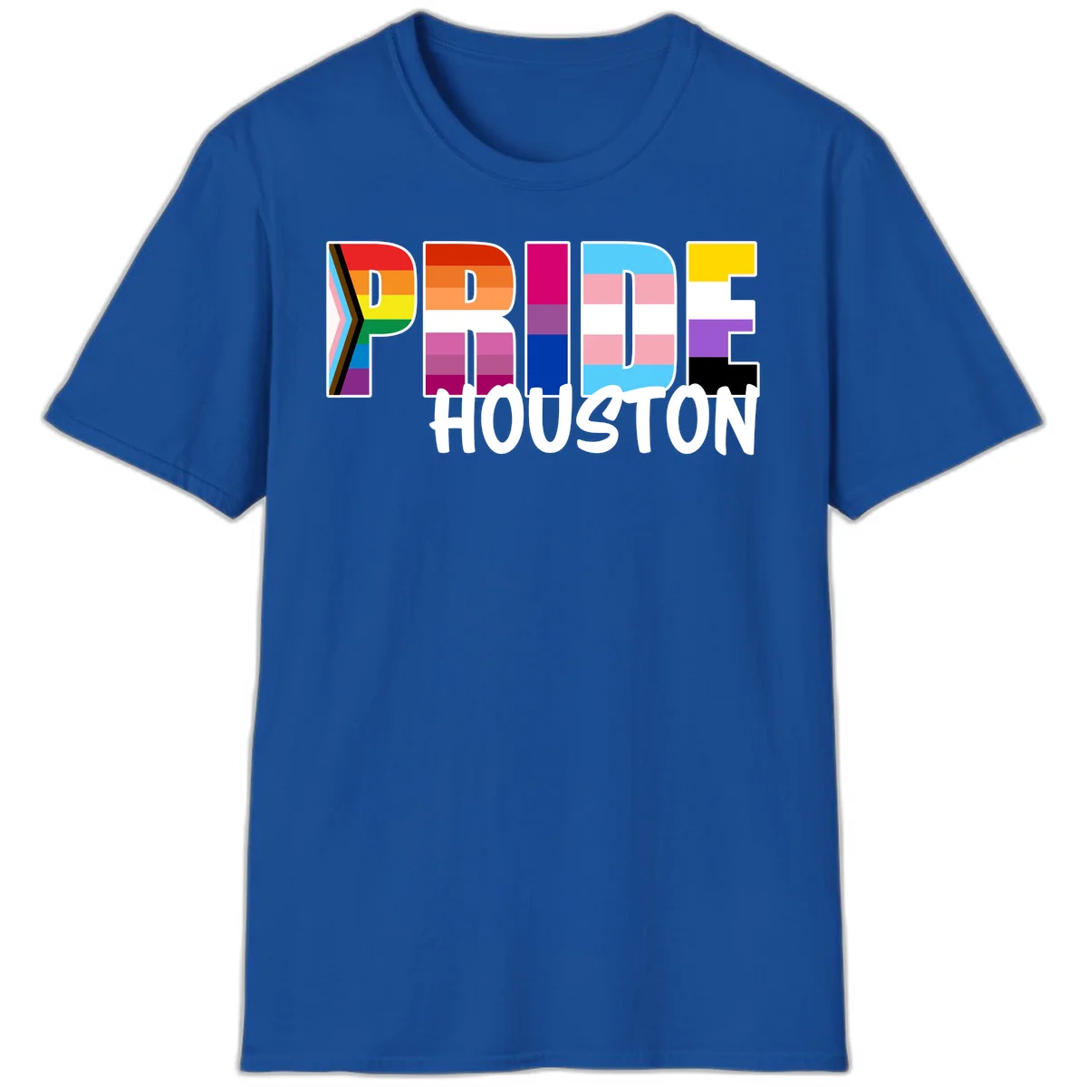 Pride Houston design with bold rainbow-filled letters and progress pride chevron stripes in Royal