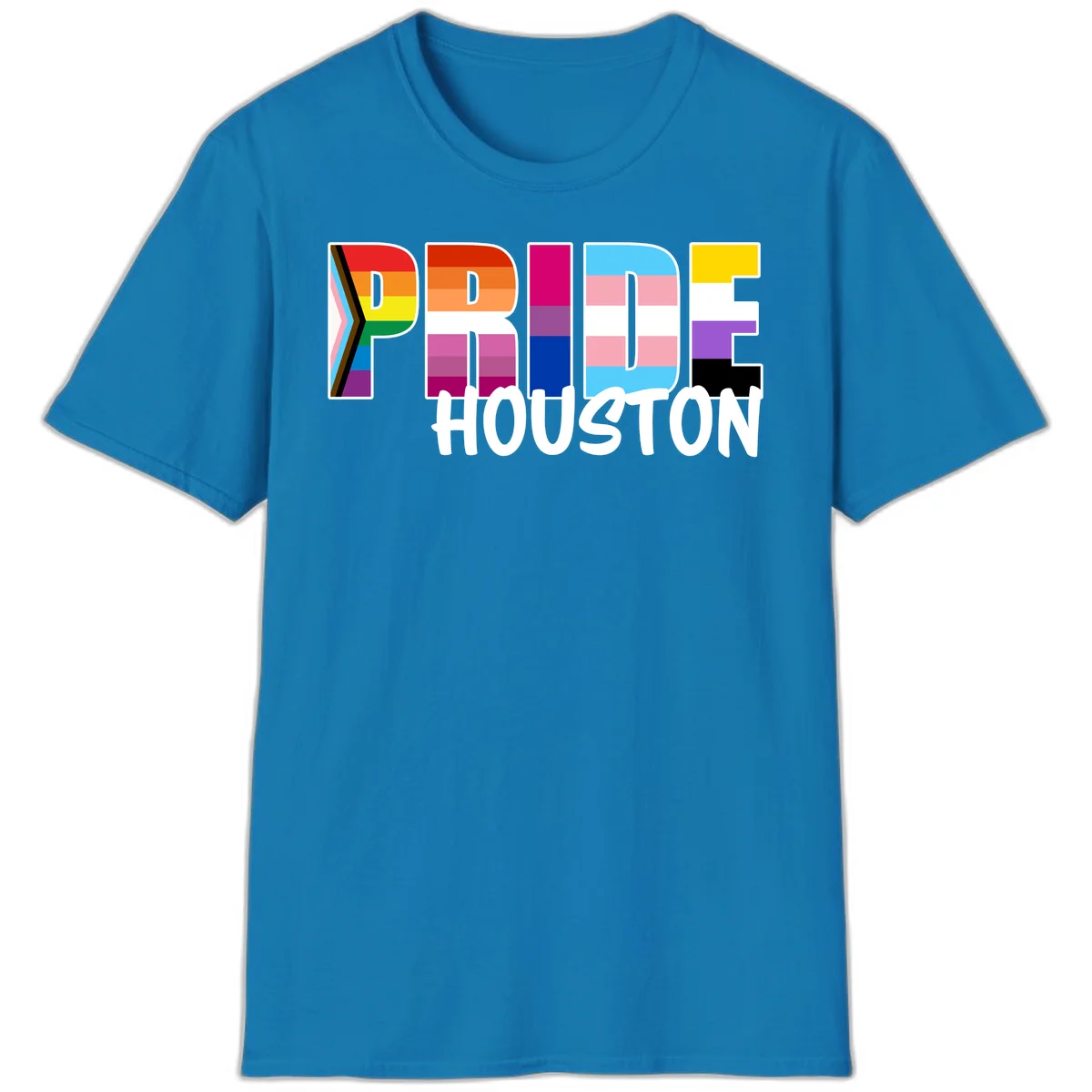 Pride Houston design with bold rainbow-filled letters and progress pride chevron stripes in Sapphire