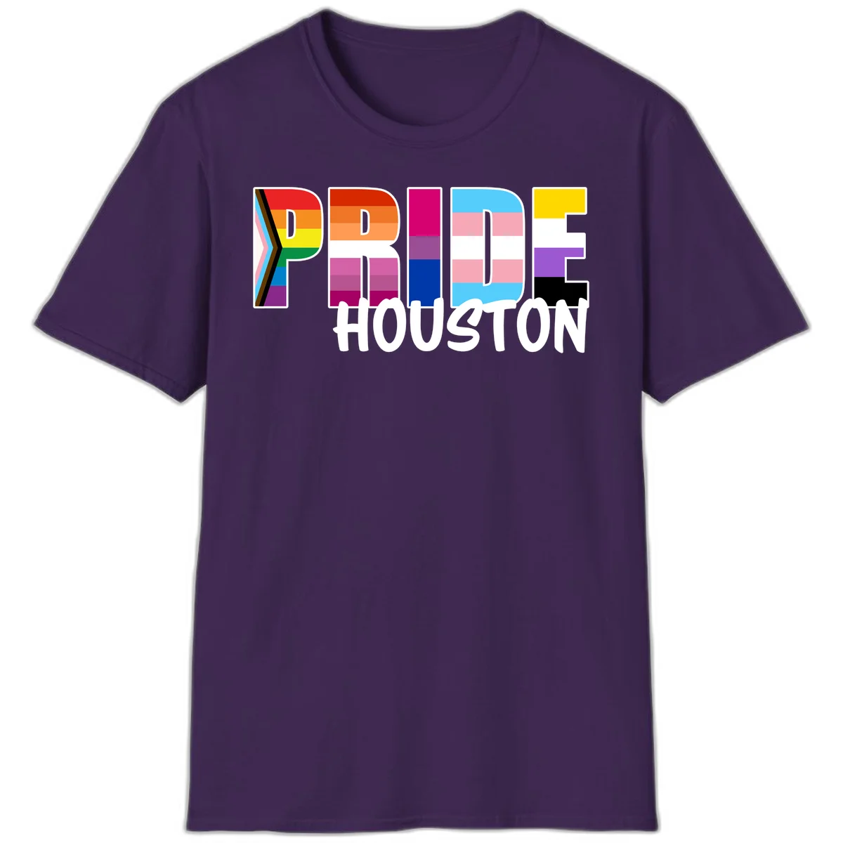 Pride Houston design with bold rainbow-filled letters and progress pride chevron stripes in Purple