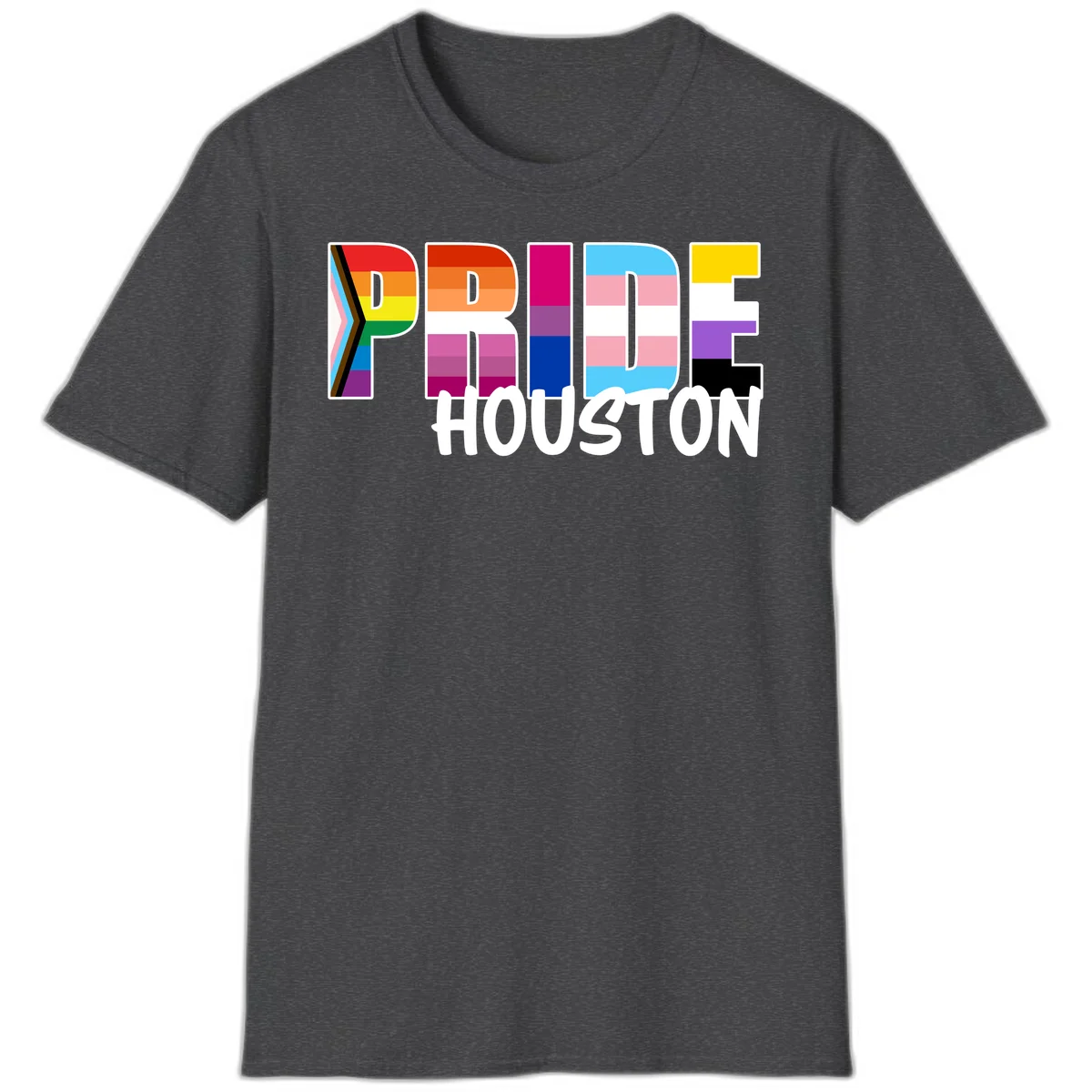 Pride Houston design with bold rainbow-filled letters and progress pride chevron stripes in Dark Heather