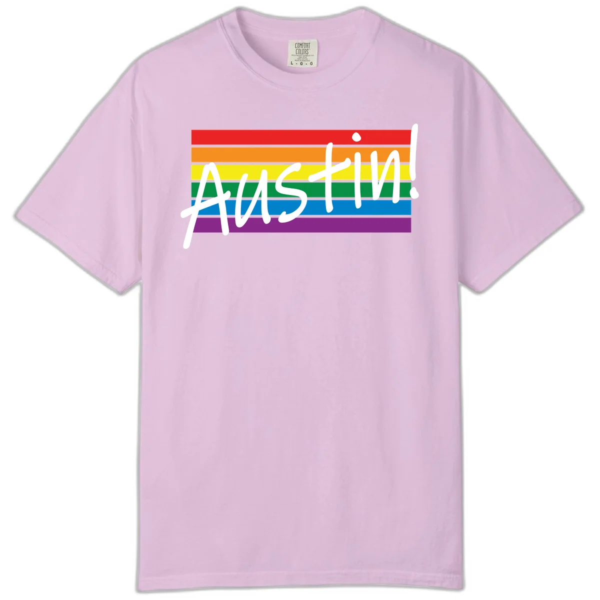 Austin pride rainbow flag design with white handwritten text overlaid on six horizontal rainbow stripes in Orchid