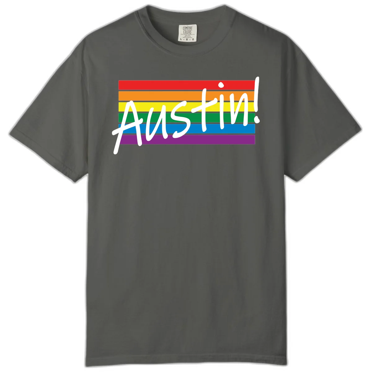 Austin pride rainbow flag design with white handwritten text overlaid on six horizontal rainbow stripes in Pepper
