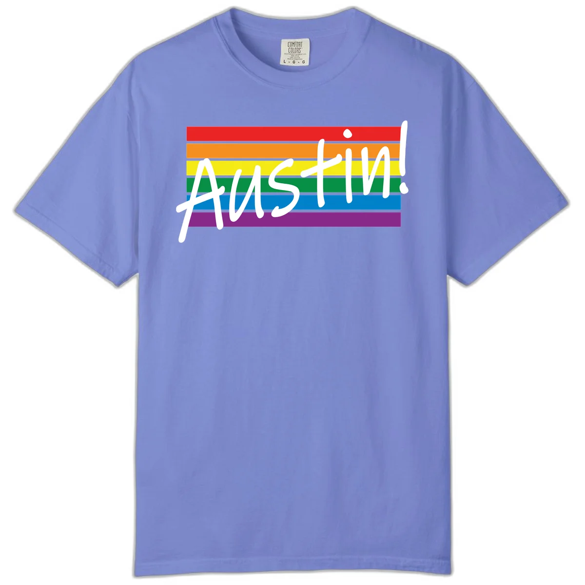 Austin pride rainbow flag design with white handwritten text overlaid on six horizontal rainbow stripes in Flo Blue