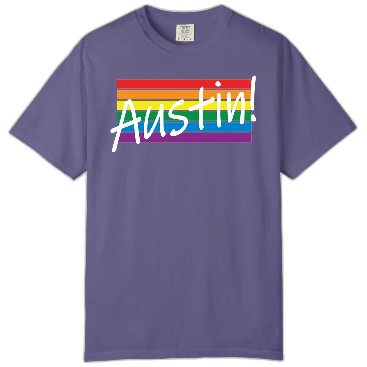 Austin pride rainbow flag design with white handwritten text overlaid on six horizontal rainbow stripes in Grape