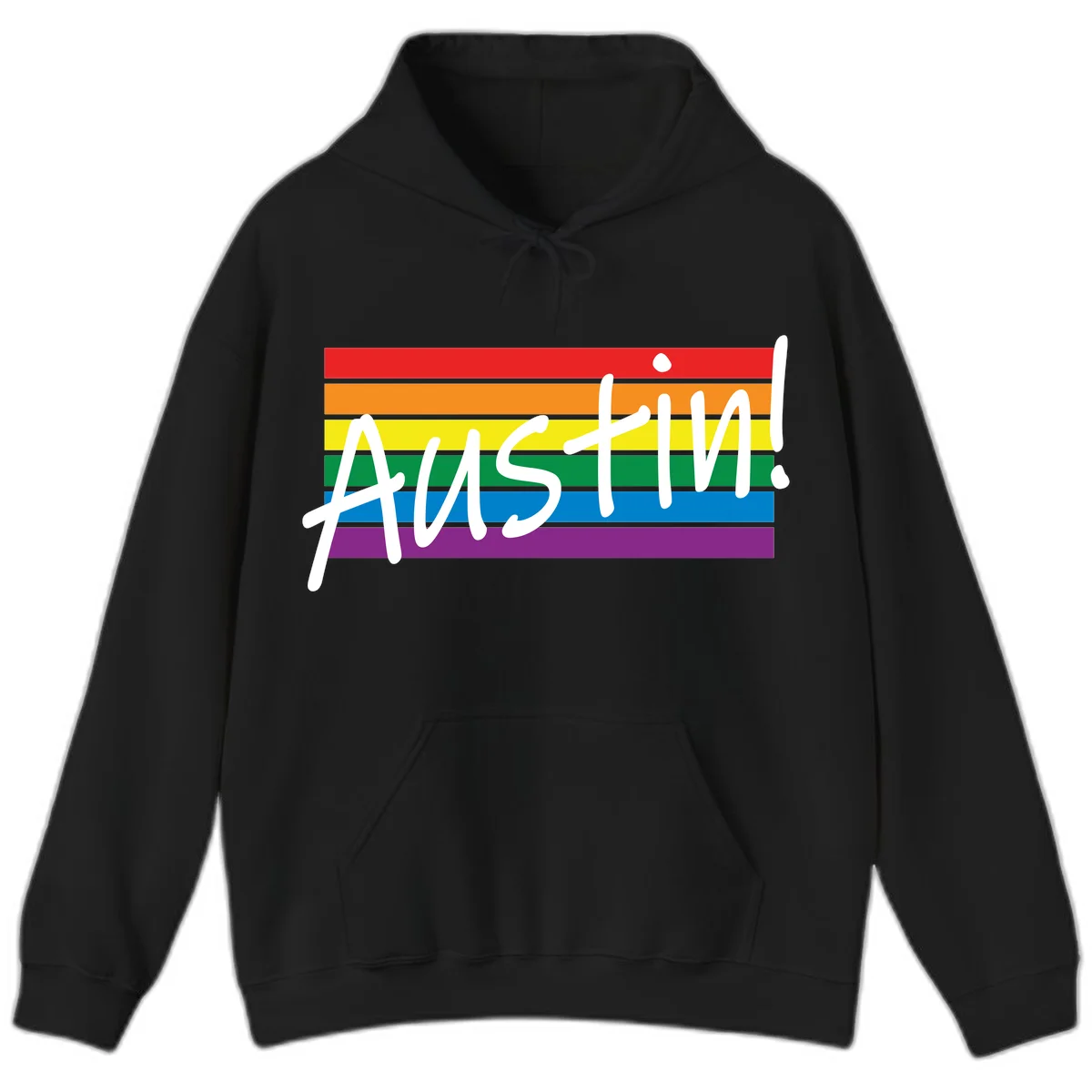 Austin pride rainbow flag design with white handwritten text overlaid on six horizontal rainbow stripes in Black
