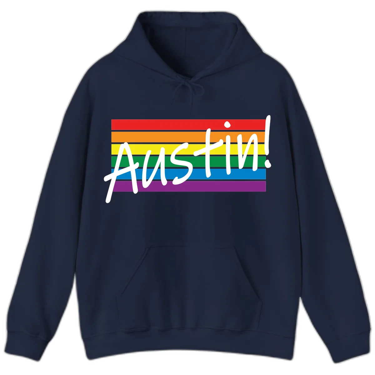 Austin pride rainbow flag design with white handwritten text overlaid on six horizontal rainbow stripes in Navy