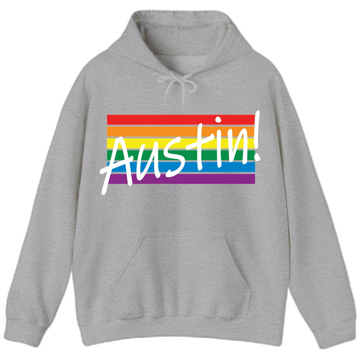 Austin pride rainbow flag design with white handwritten text overlaid on six horizontal rainbow stripes in Sport Grey