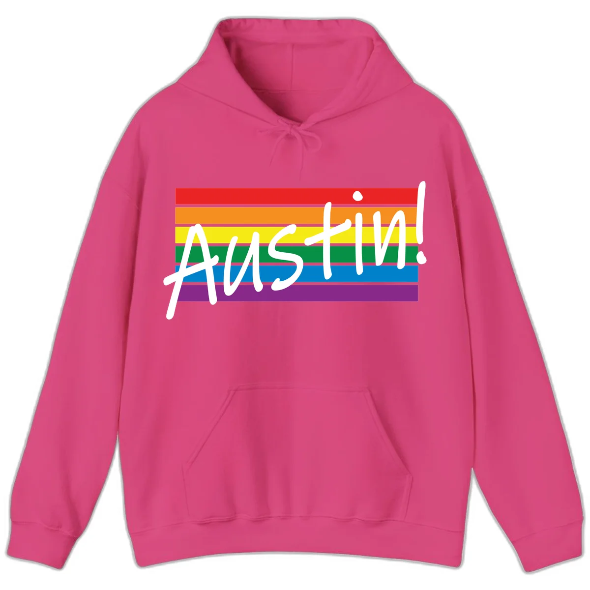Austin pride rainbow flag design with white handwritten text overlaid on six horizontal rainbow stripes in Heliconia