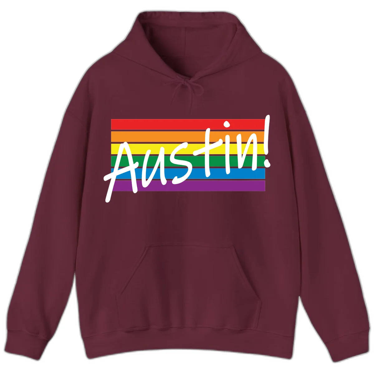 Austin pride rainbow flag design with white handwritten text overlaid on six horizontal rainbow stripes in Maroon