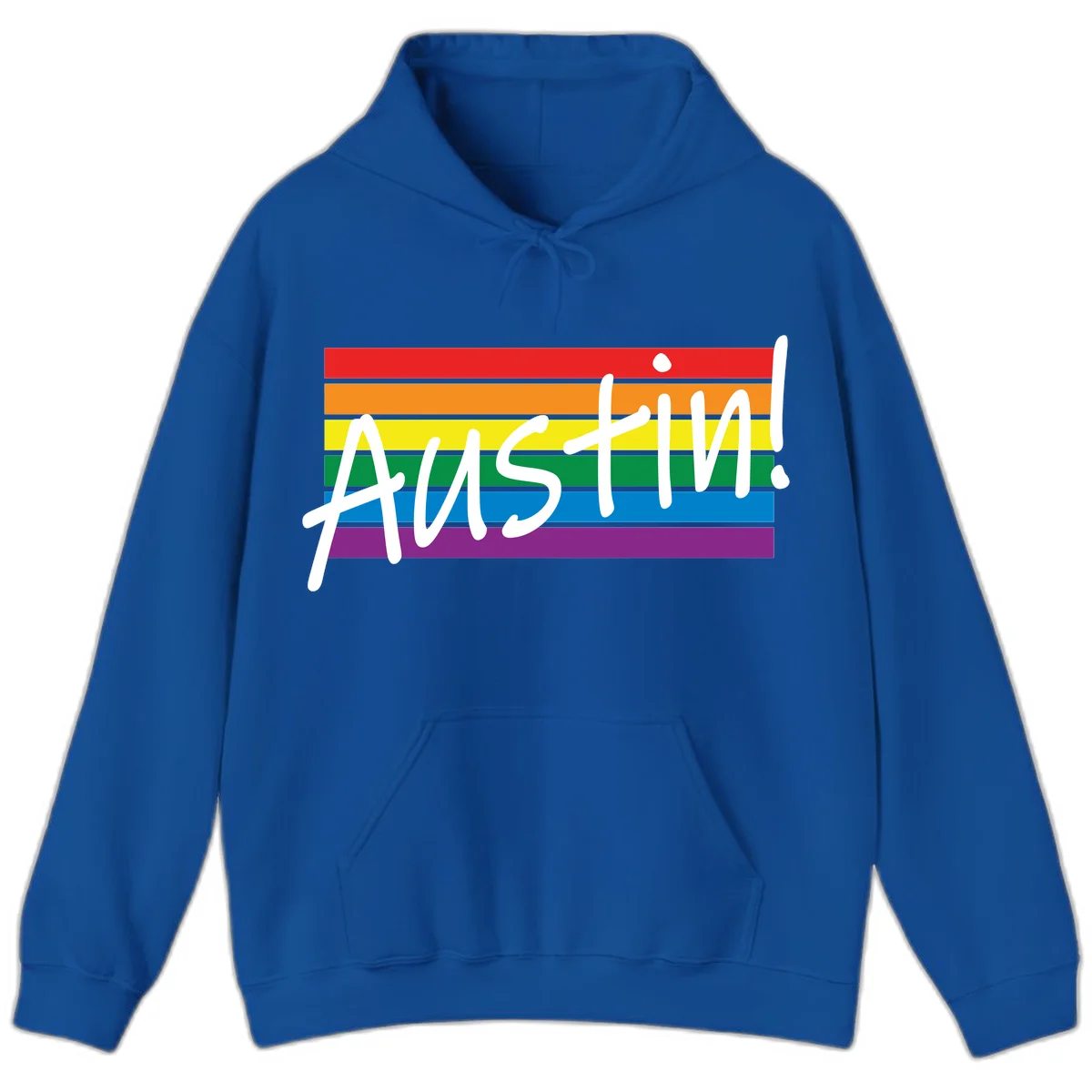Austin pride rainbow flag design with white handwritten text overlaid on six horizontal rainbow stripes in Royal