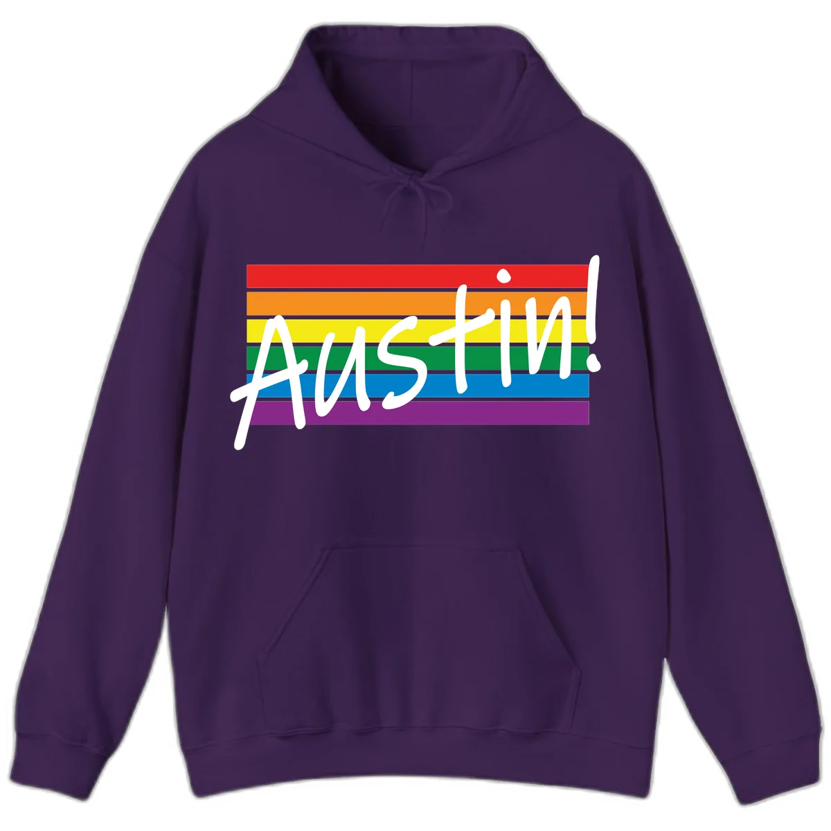 Austin pride rainbow flag design with white handwritten text overlaid on six horizontal rainbow stripes in Purple