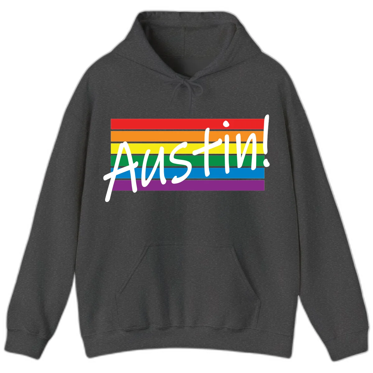 Austin pride rainbow flag design with white handwritten text overlaid on six horizontal rainbow stripes in Dark Heather
